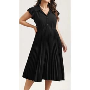 BLOOMCHIC SZ 26 4X Black Pleated Shirt Collar Solid Formal Midi Dress NWT B89